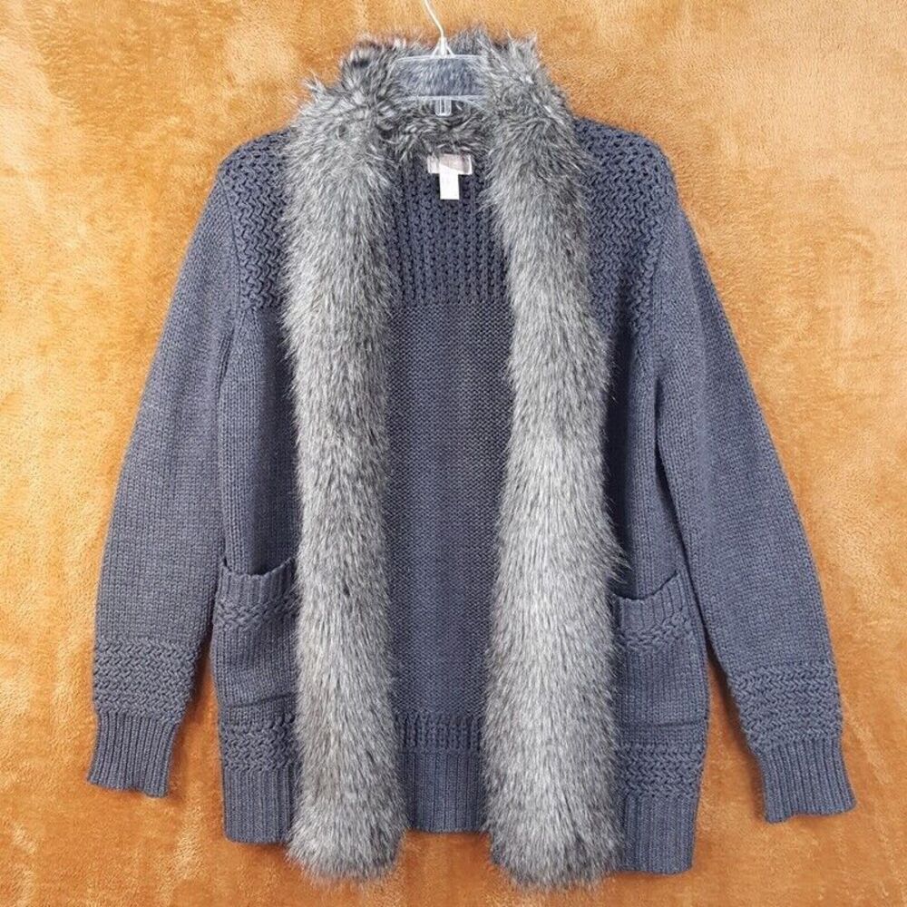 FOREVER 21 Womens Sweater Small Gray Cardigan Open Faux Fur Chunky Knit